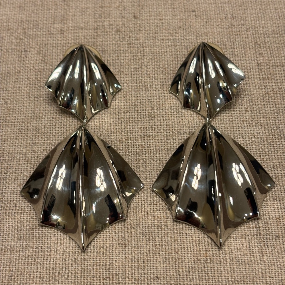 Statement Silver Tone Fan Drop Earrings Geometric Dangle Vintage Inspired Glam